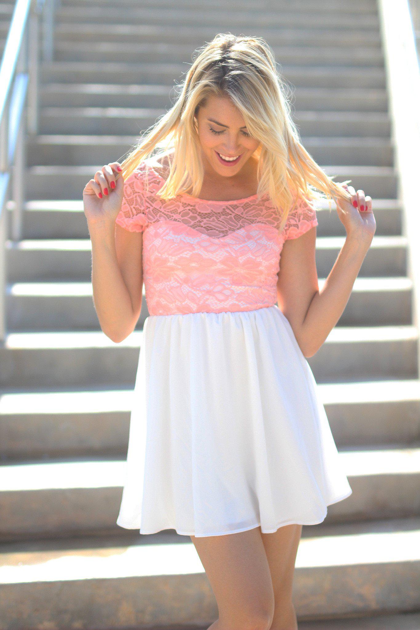 Peach and Ivory Short Dress with Lace Top | Short Dress Saved by the Dress Peach and Ivory Short Dress with Lace Top | Short Dress Saved by the Dress
