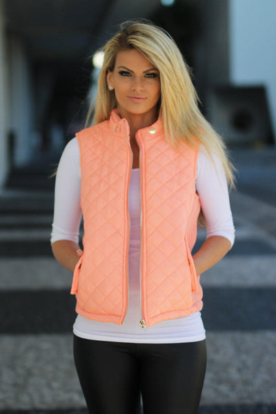 Peach Quilted Vest With Pockets
