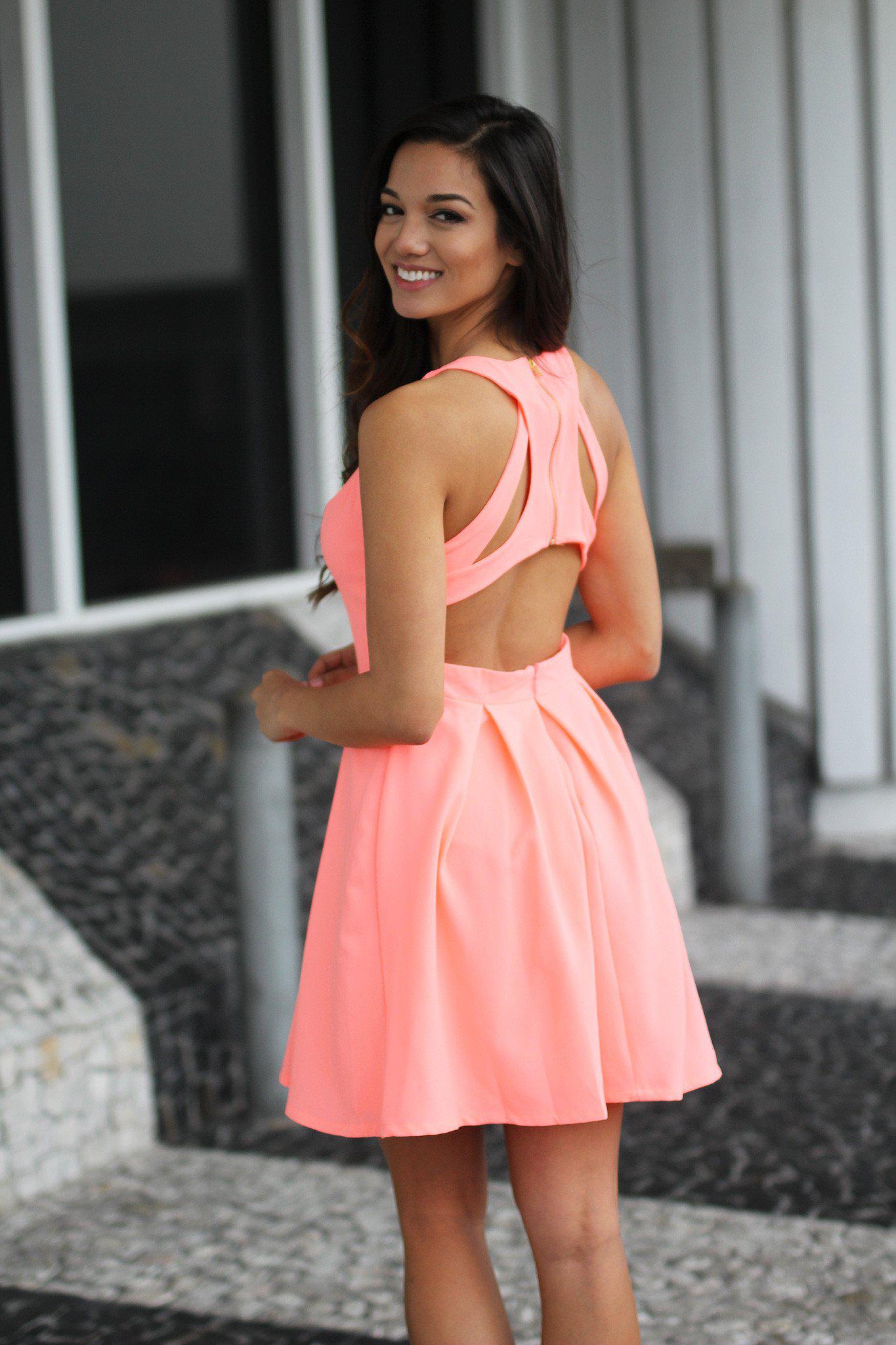 Neon Peach Short Dress with Open Back | Cocktail Dress Saved by the Dress Neon Peach Short Dress with Open Back | Cocktail Dress Saved by the Dress