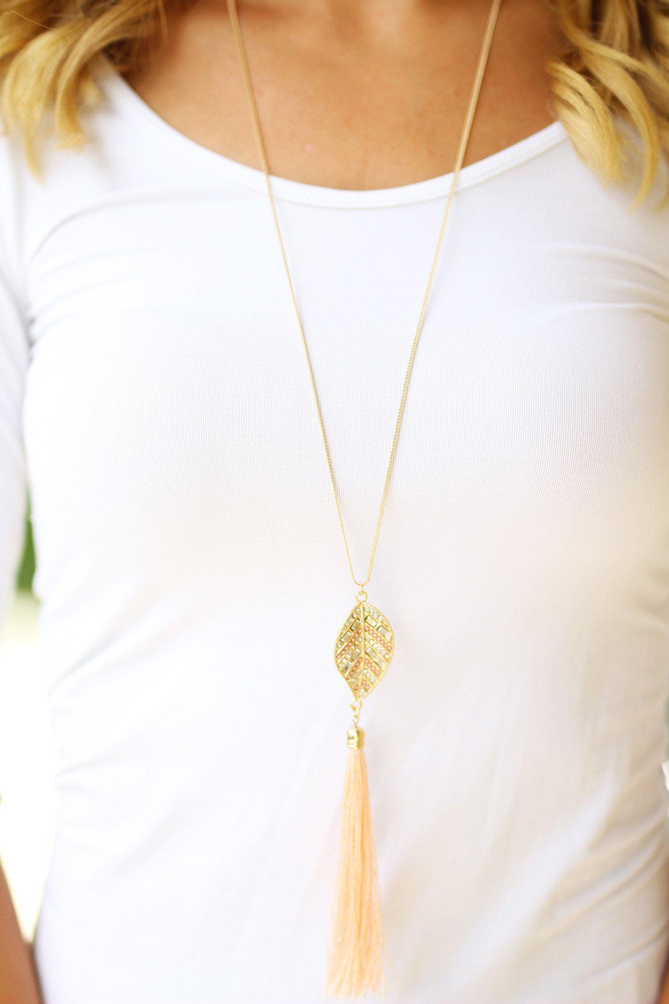 Gold Peach Leaf Necklace with Tassel