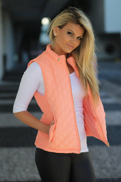 Peach Quilted Vest With Pockets