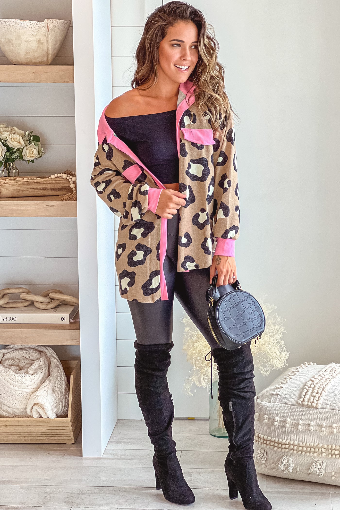 pink and leopard open style cardigan