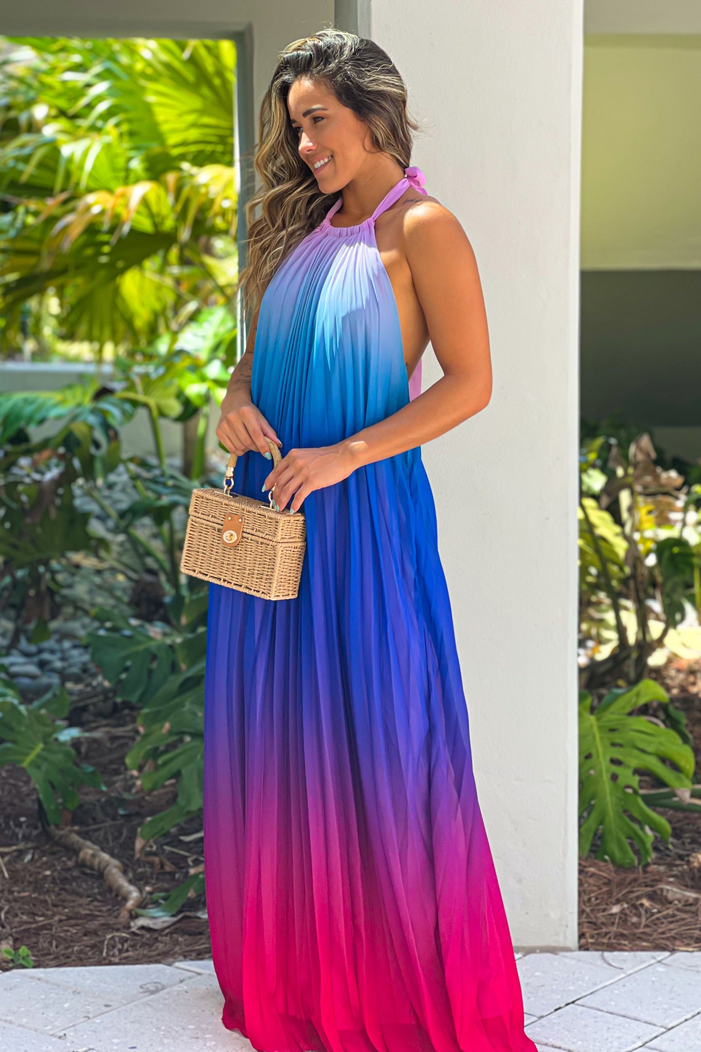 pink and purple pleated maxi dress
