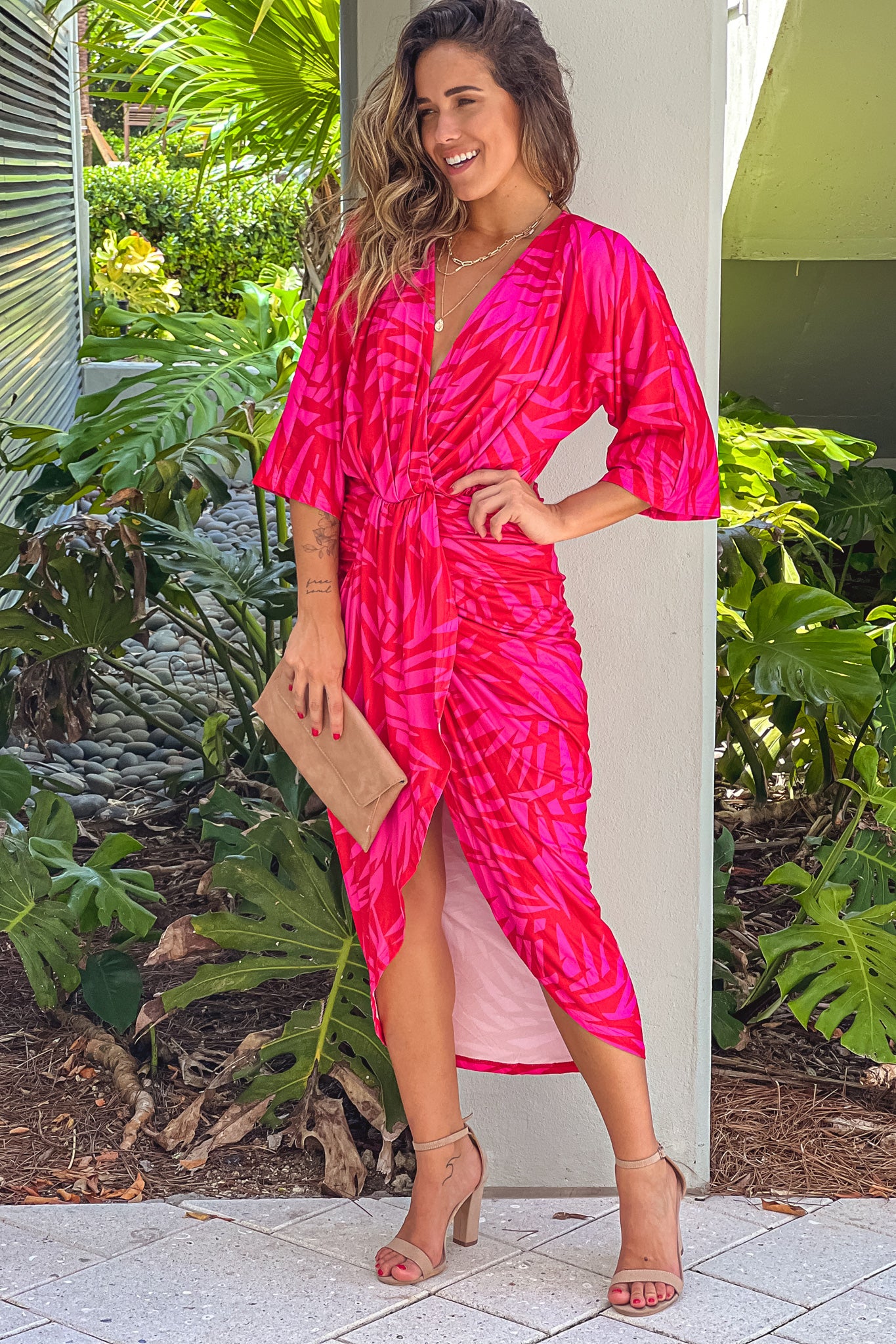 pink and red 3/4 sleeves midi dress
