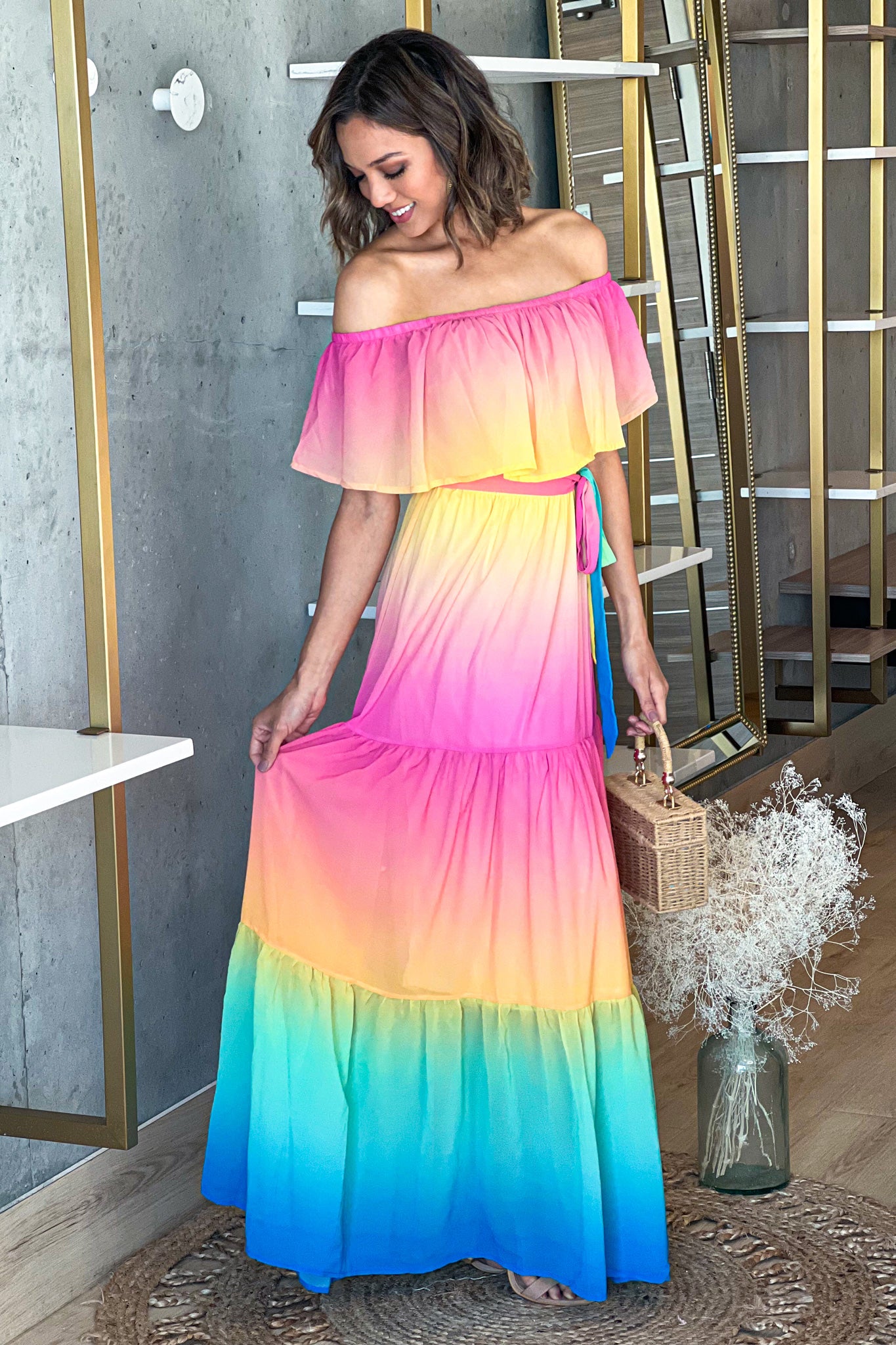 pink and yellow multi color off shoulder maxi dress