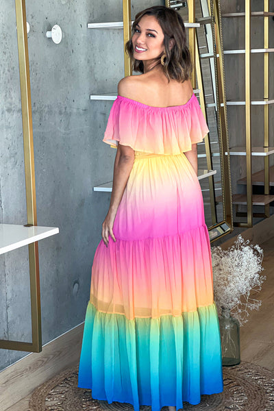 pink and yellow off shoulder maxi dress