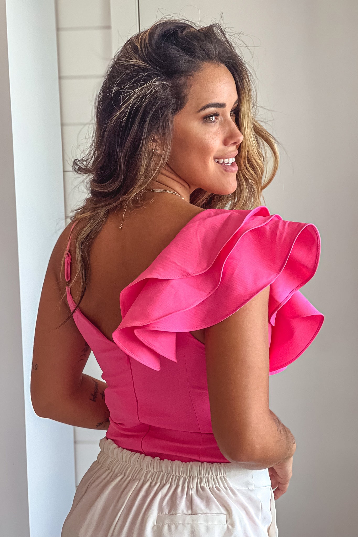 Pink Ruffled Bodysuit Cute Tops – Saved by the Dress