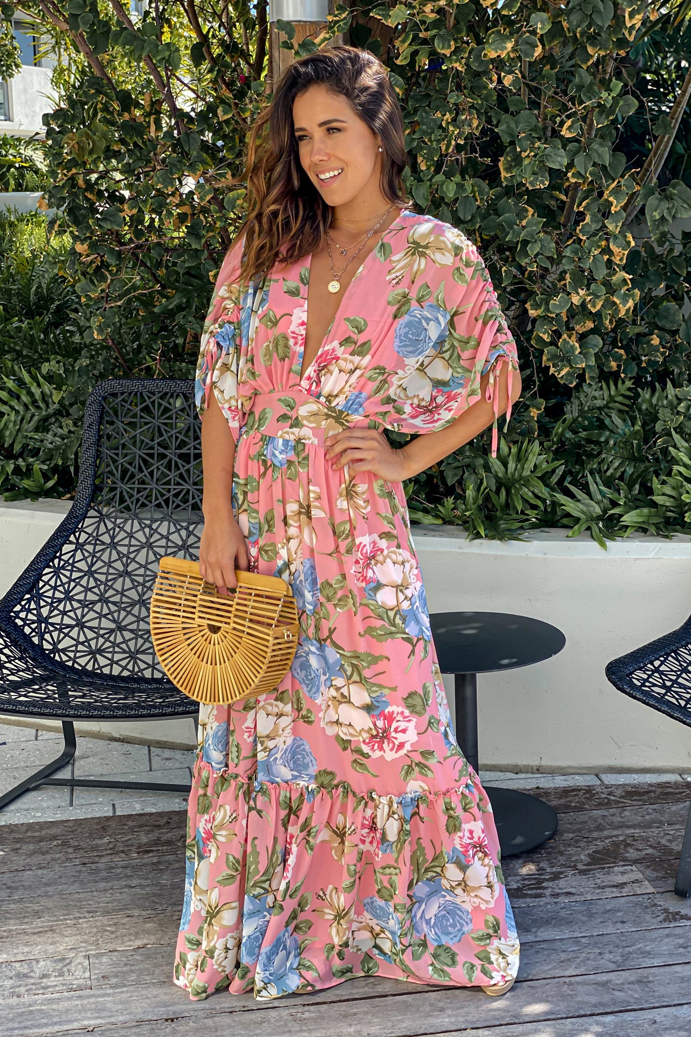 Pink Floral Dolman Sleeves Maxi Dress Pink Floral Dolman Sleeves Maxi Dress