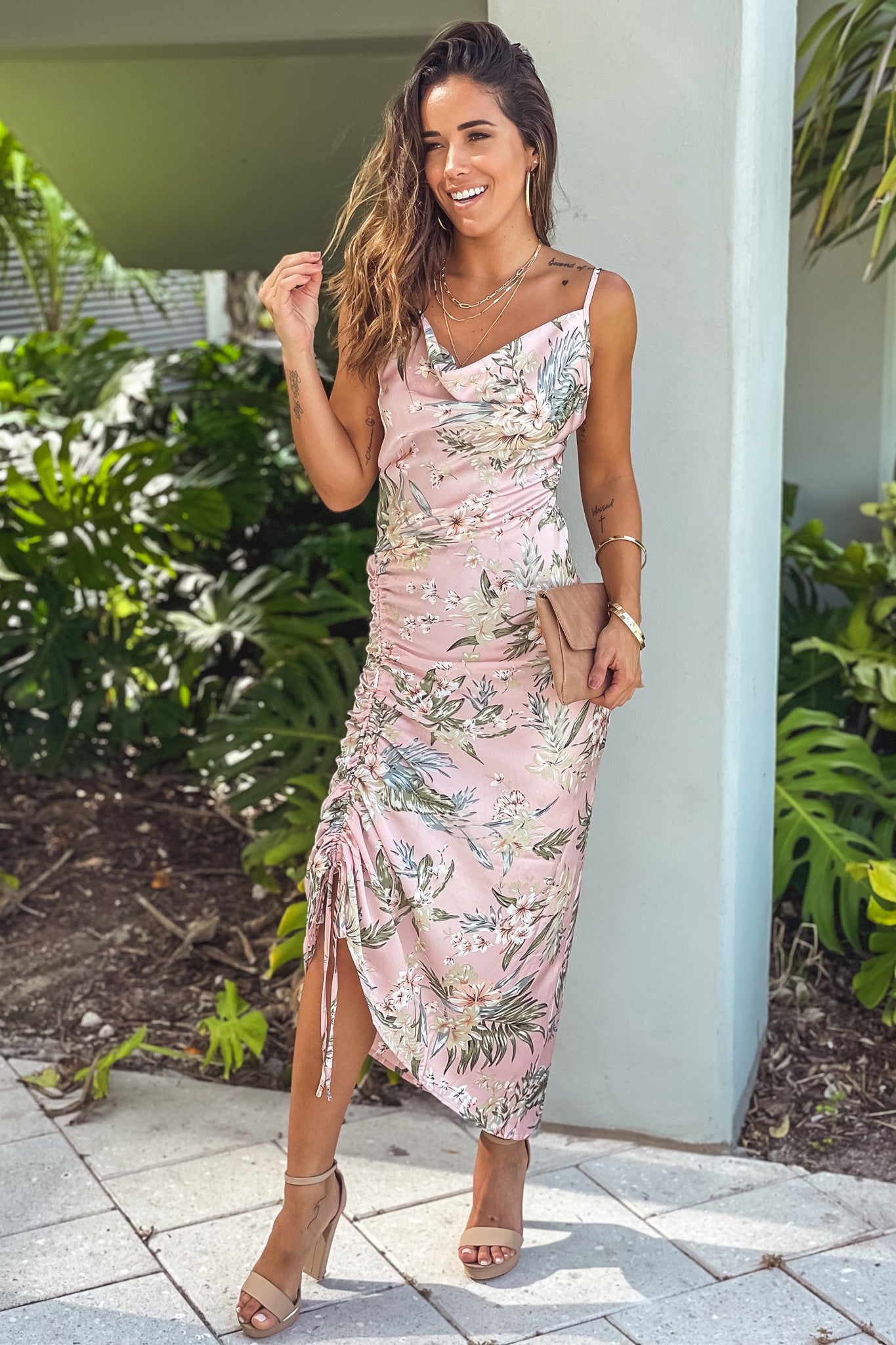 pink floral dress with ruching