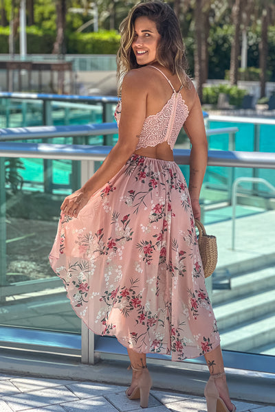 pink floral high low dress wit lace back