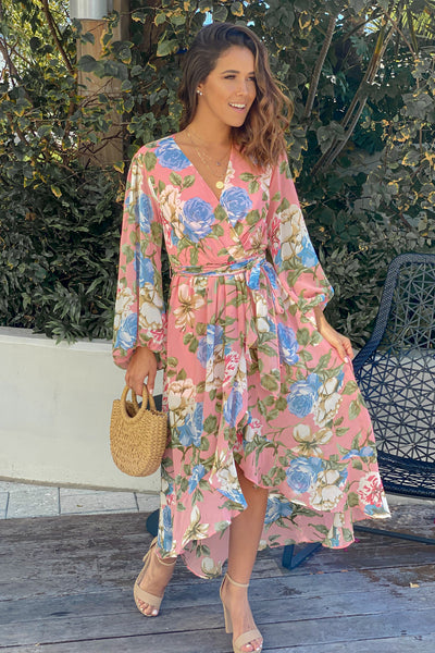 pink floral high low dress with long sleeves