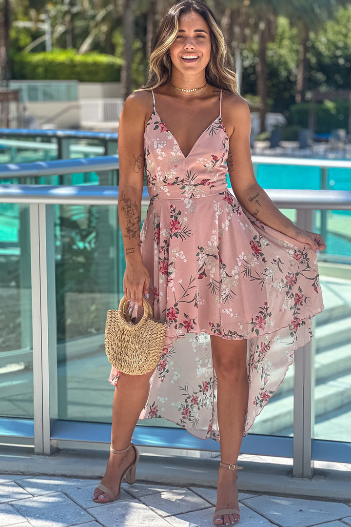 Pink Floral High Low Dress With Lace Back