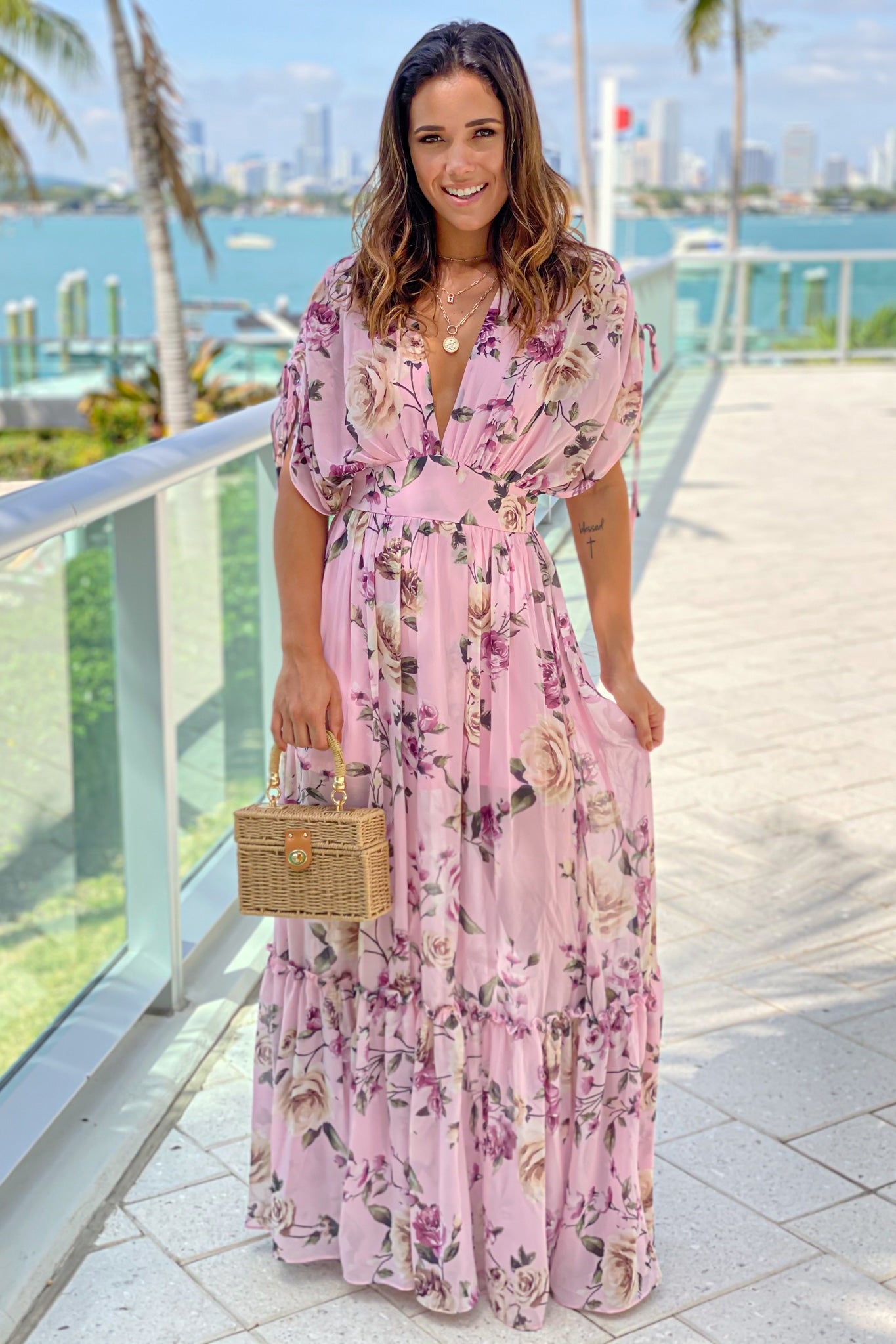 pink floral maxi dress with dolman sleeves