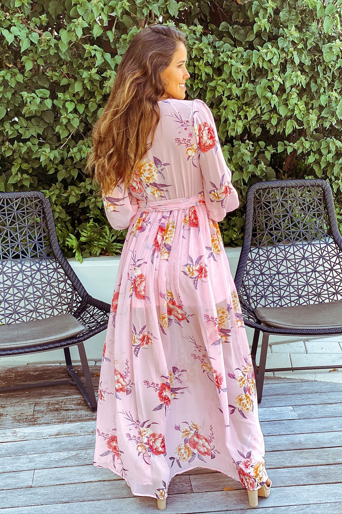 pink floral maxi with long sleeves
