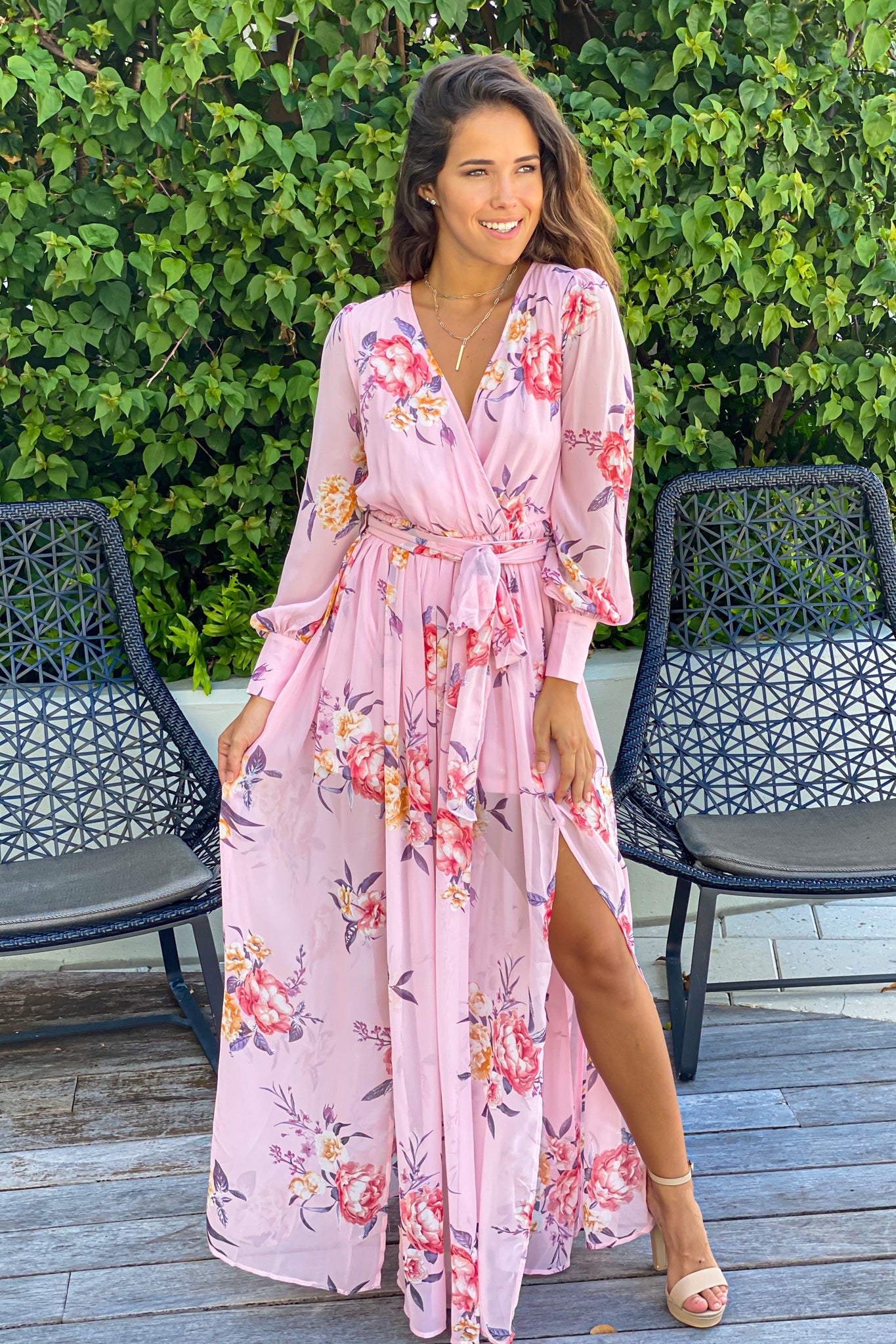 pink floral maxi with tie waist