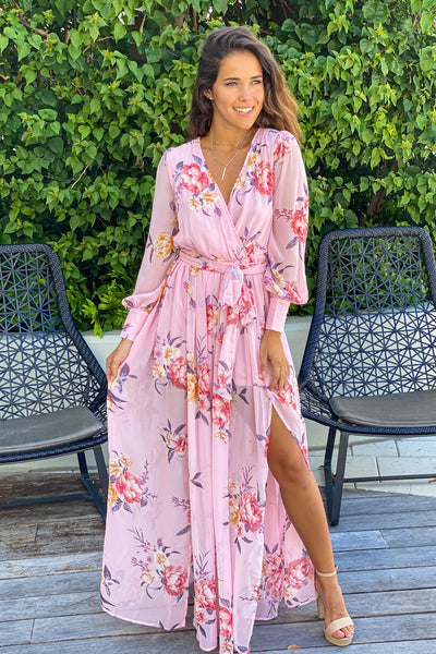pink floral maxi with tie waist