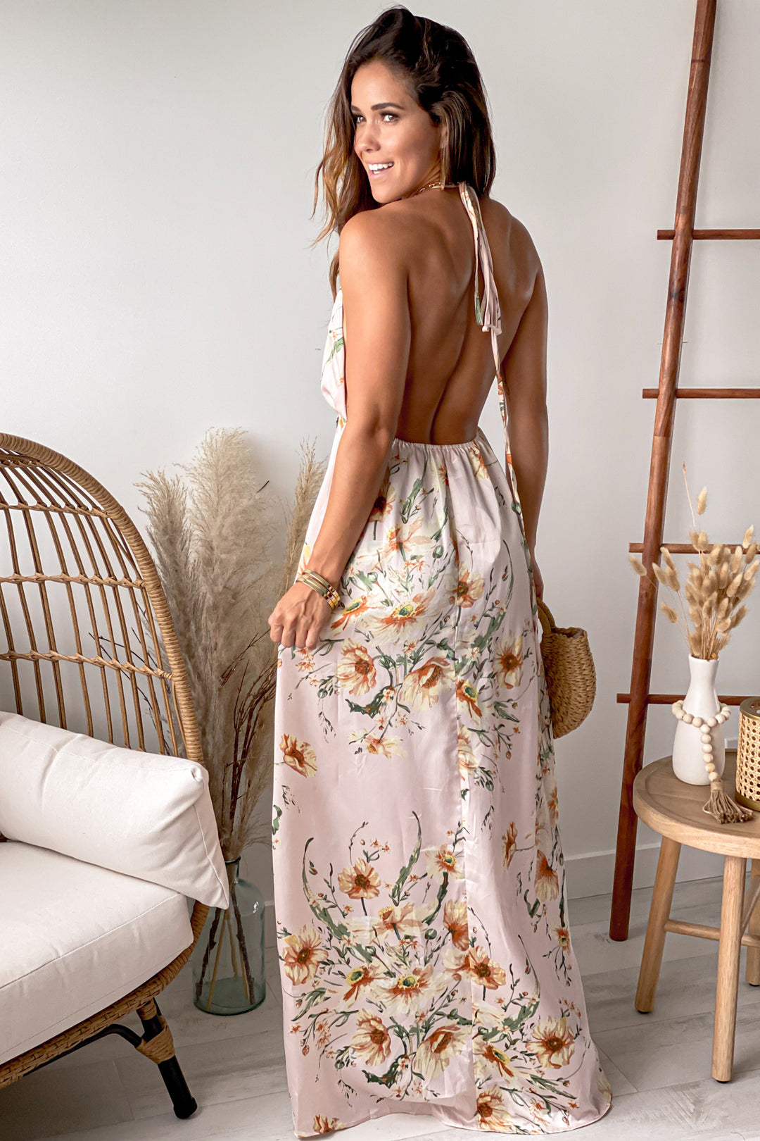 Pink Floral Halter Neck Maxi Dress With Slit | Maxi Dresses