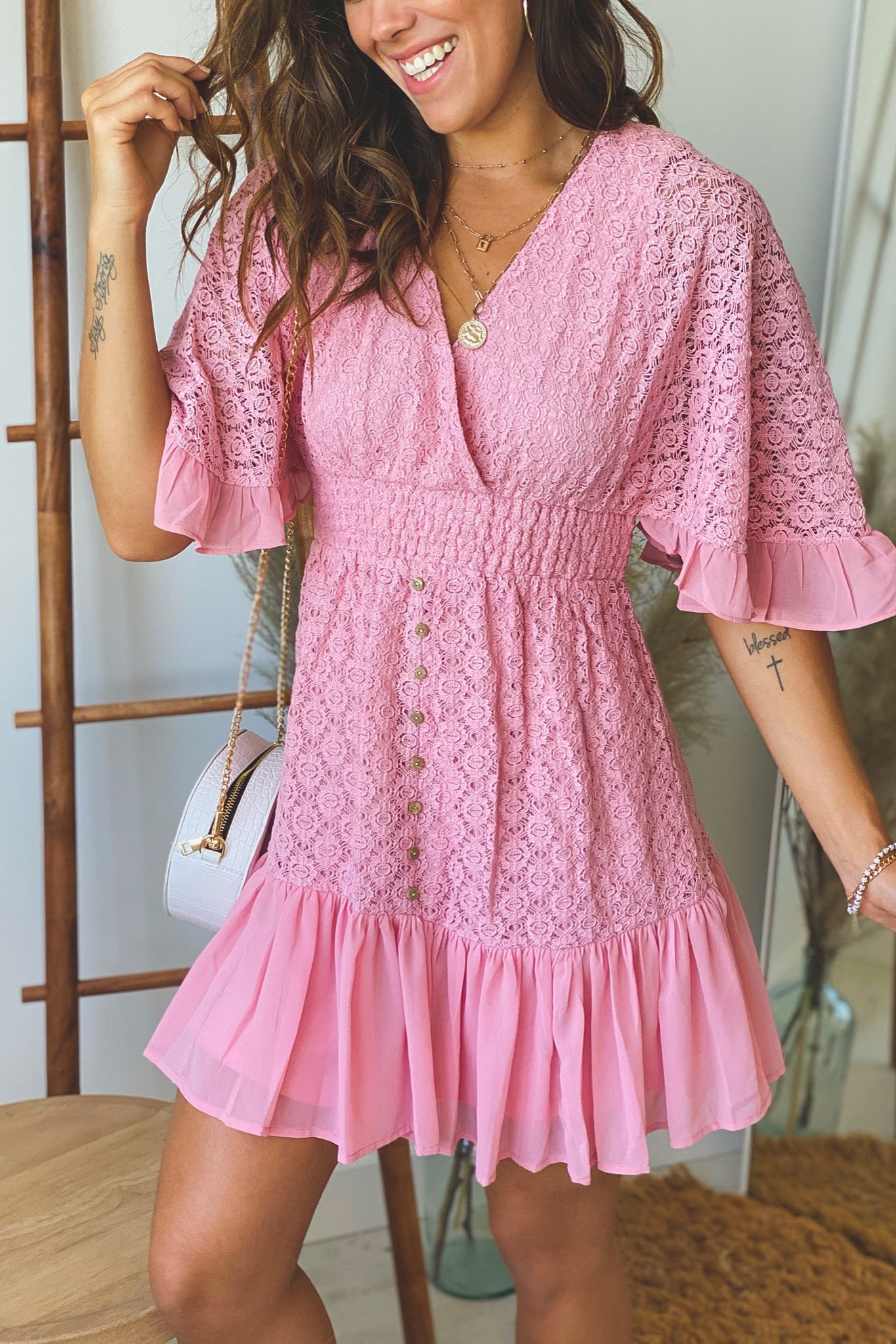 pink lace short dress with sleeves