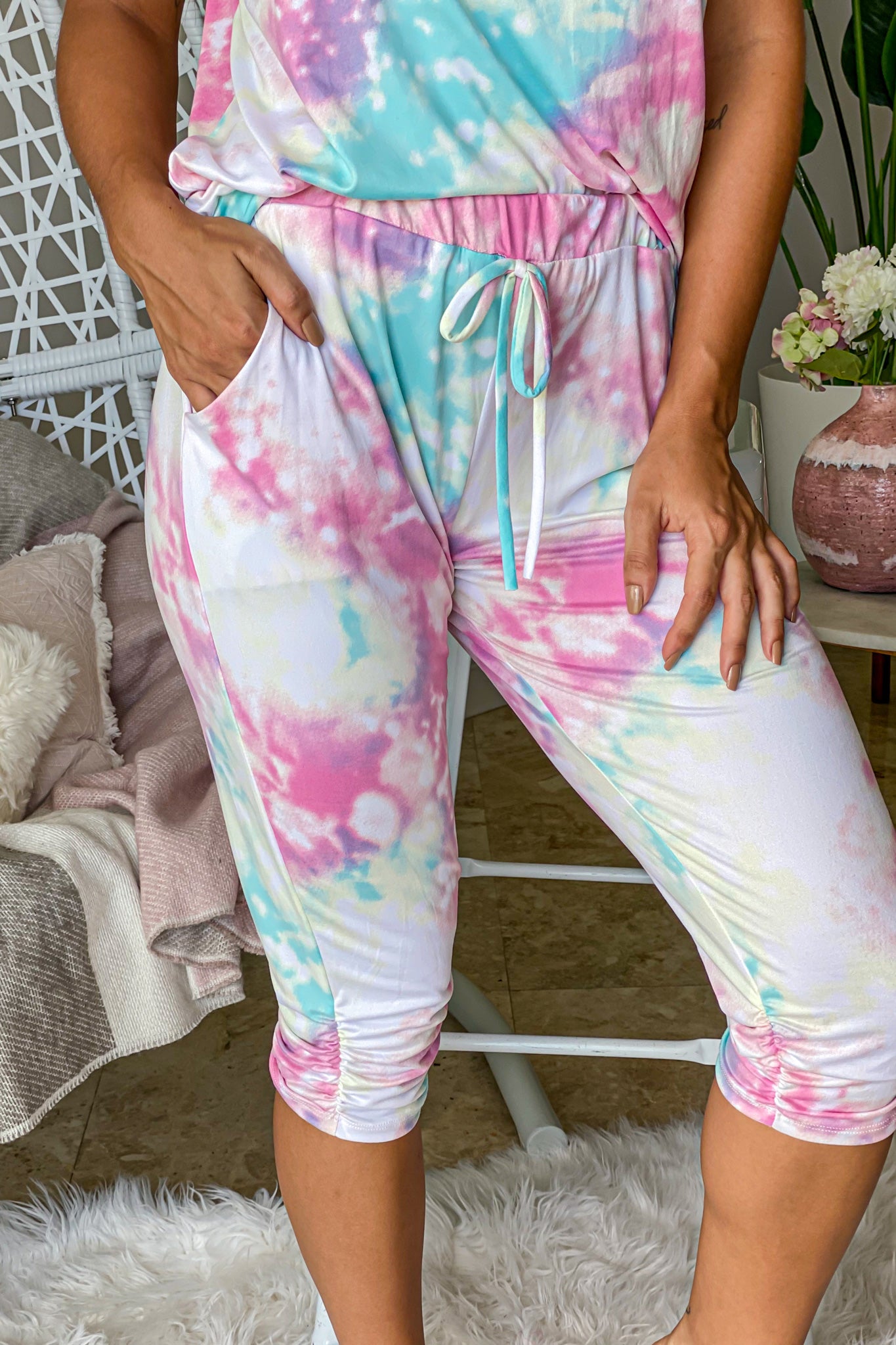 pink pastel tie dye joggers with ruched hem
