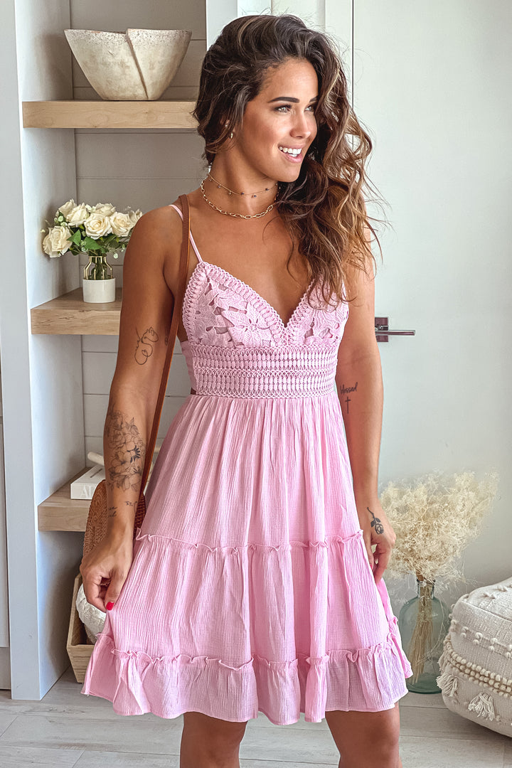 Pink Crochet Top Short Dress With Open Back Cocktail Dresses Saved by the Dress