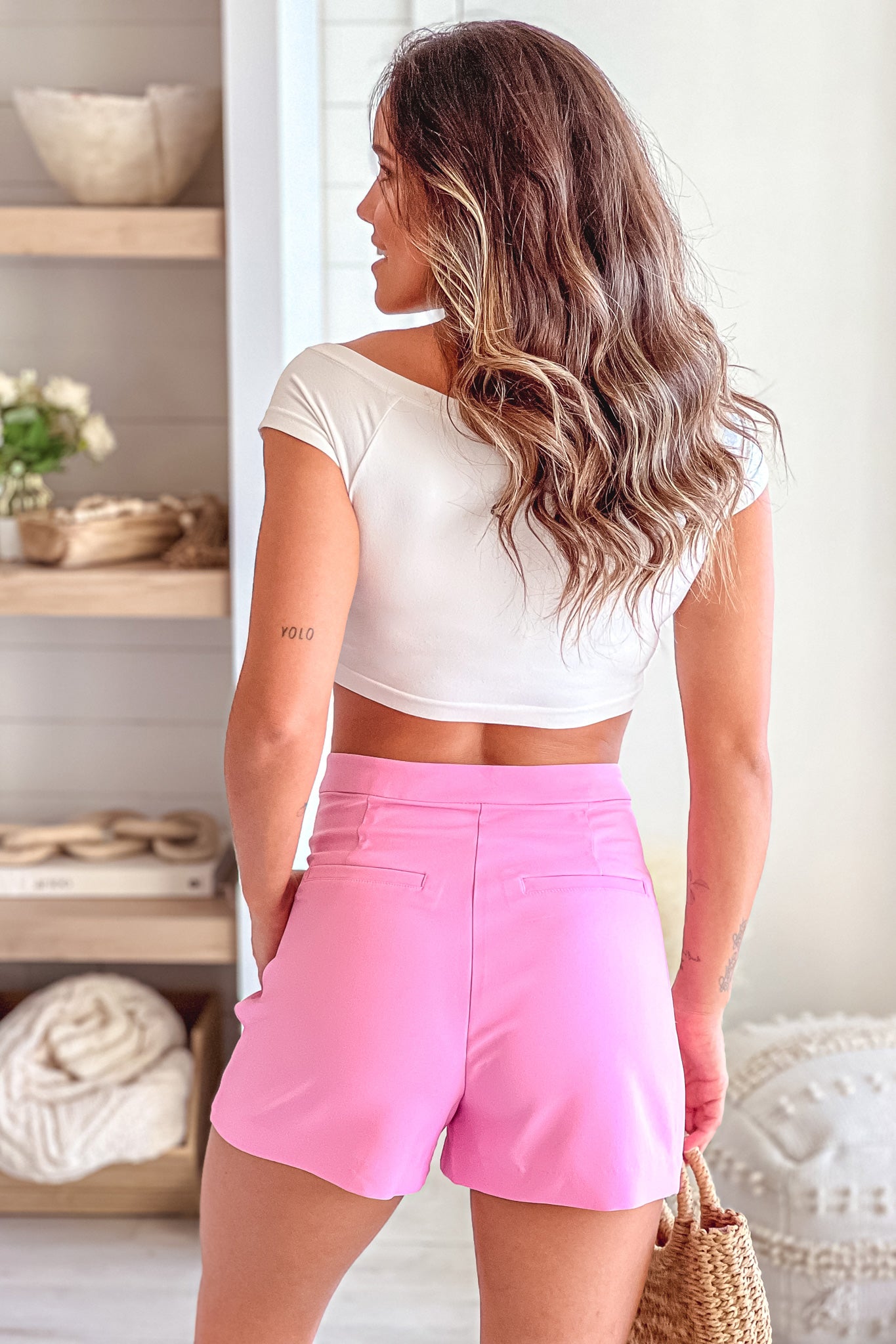 pink dress shorts High Waisted Pink Belted Shorts - All Bottoms