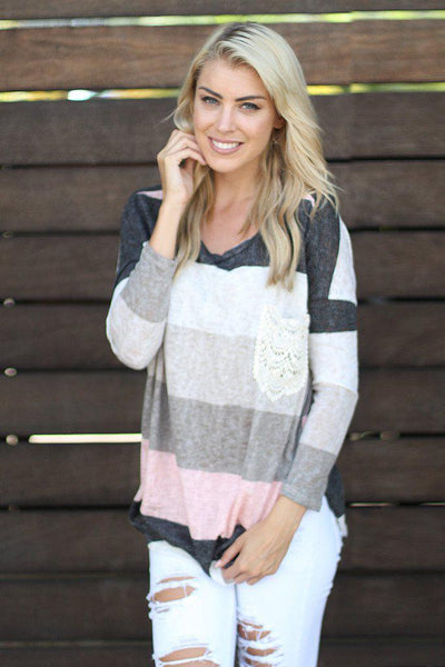 Pink And Gray Top With Crochet Pocket