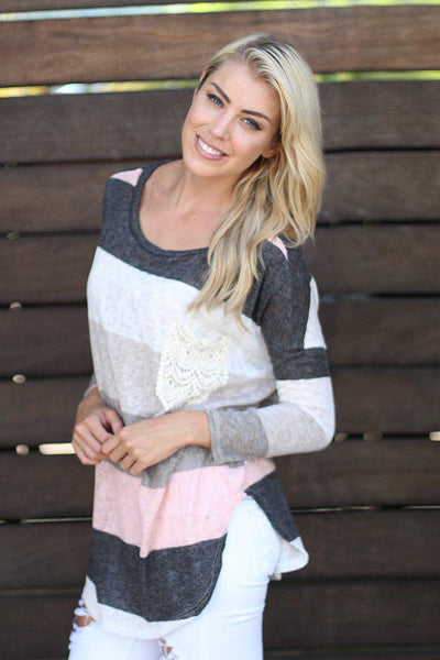 Pink And Gray Top With Crochet Pocket