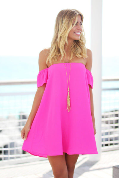 Fuchsia Off Shoulder Short Dress