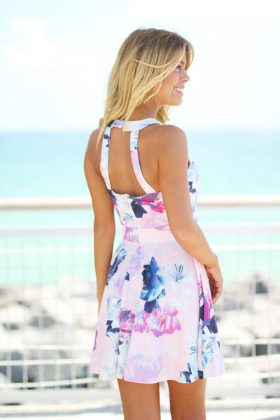 Pink Floral Short Dress with Cut Out Back