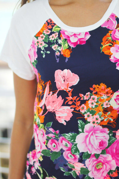 White and Neon Pink Floral Tee