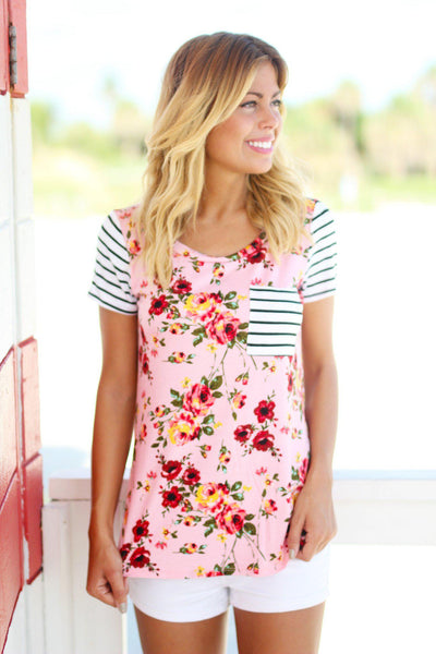 Pink Floral Top with Pocket