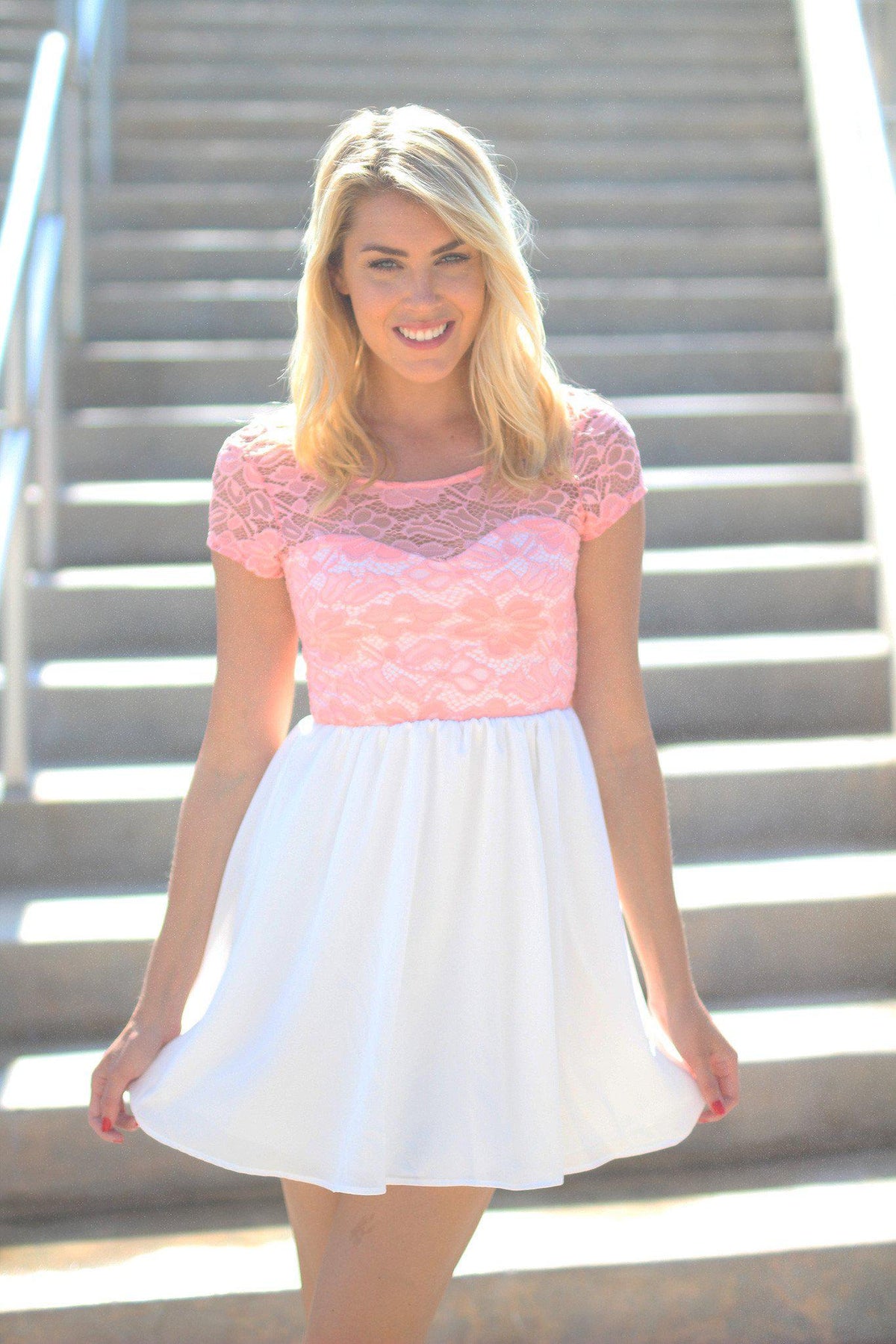 Peach and Ivory Short Dress with Lace Top | Short Dress Saved by the Dress Peach and Ivory Short Dress with Lace Top | Short Dress Saved by the Dress