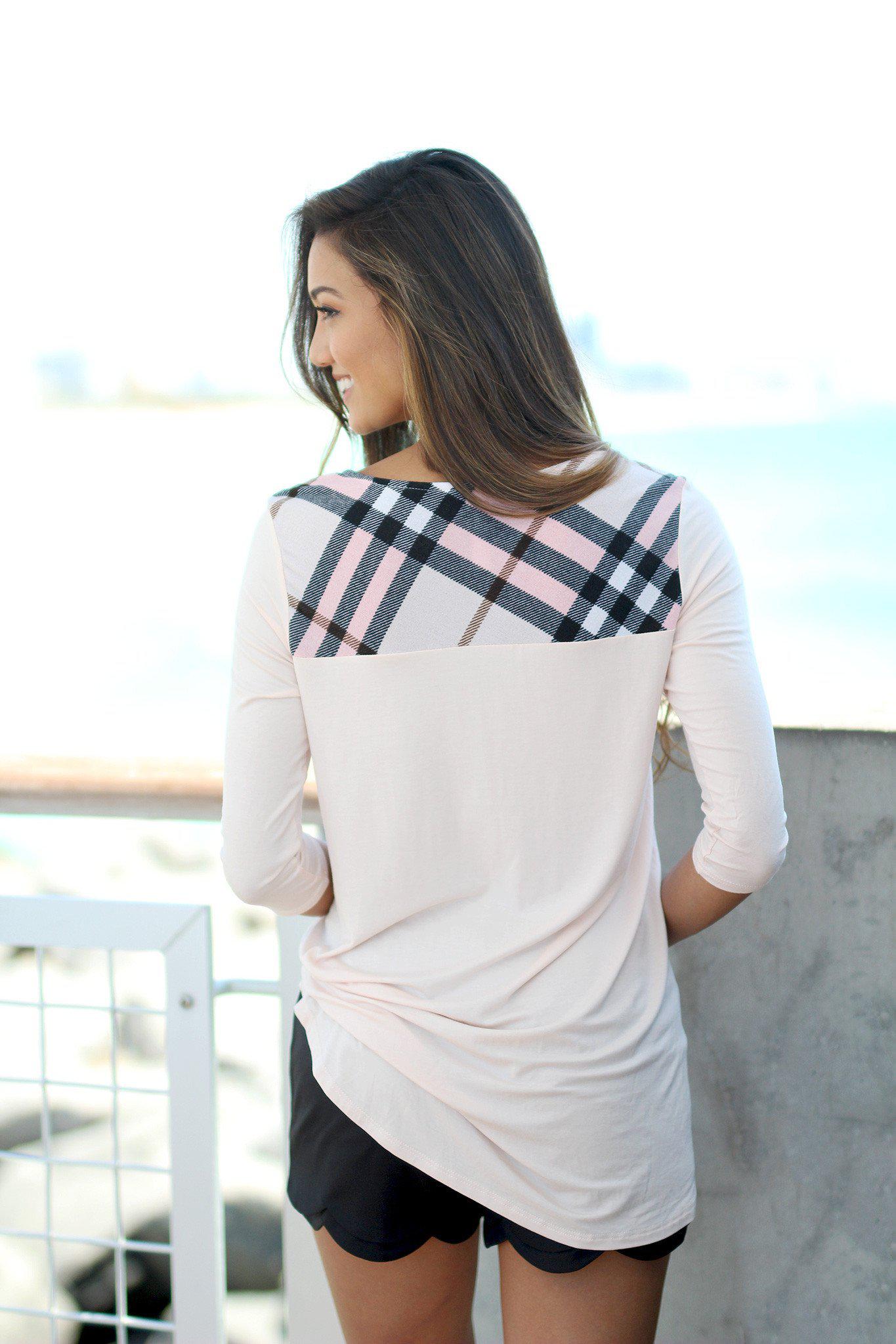 Blush and Plaid Top with Pocket