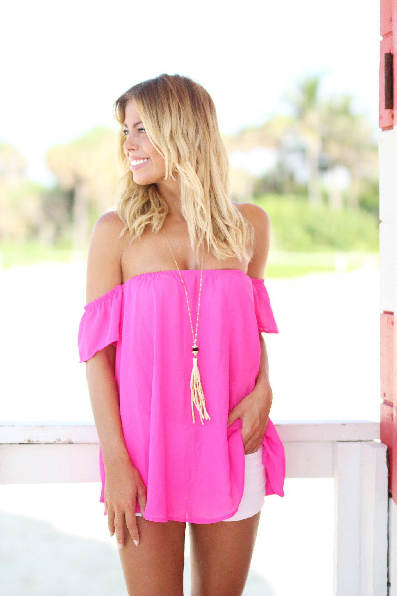 Fuchsia Off Shoulder Top with Short Sleeves