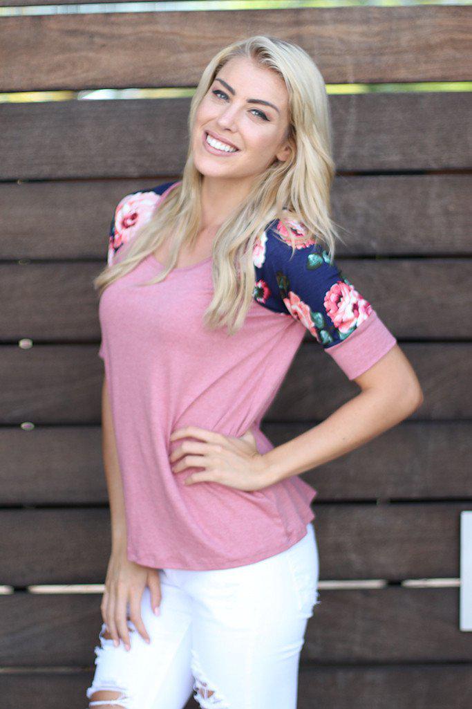 Pink Top With Floral Short Sleeves