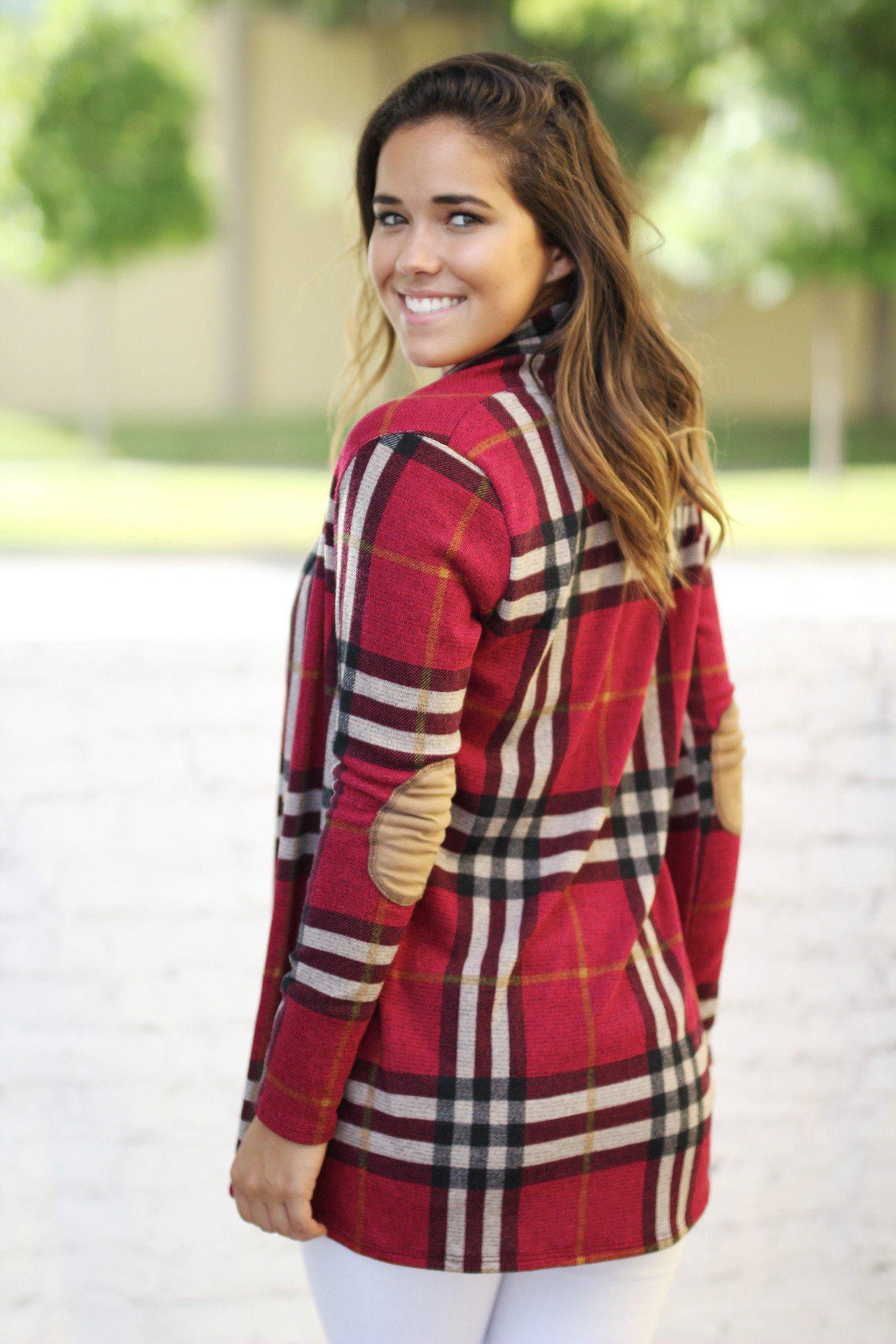 Burgundy Plaid Cardigan With Elbow Patches