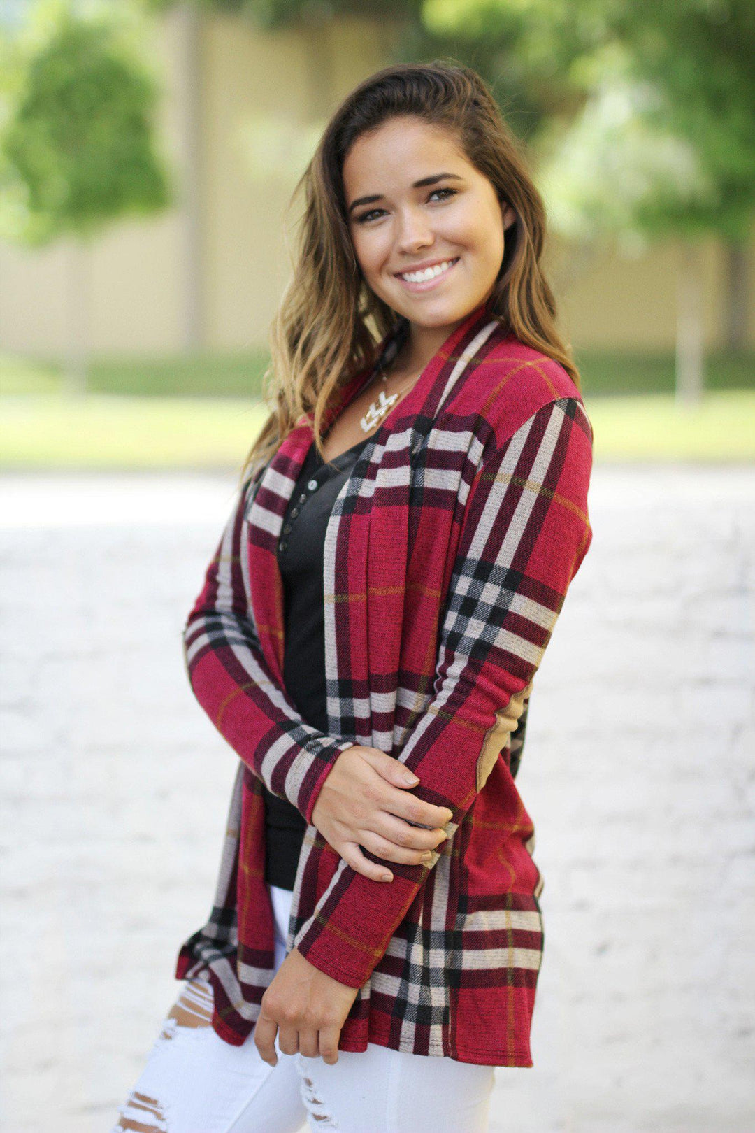 Plaid cardigan with elbow patches outlet