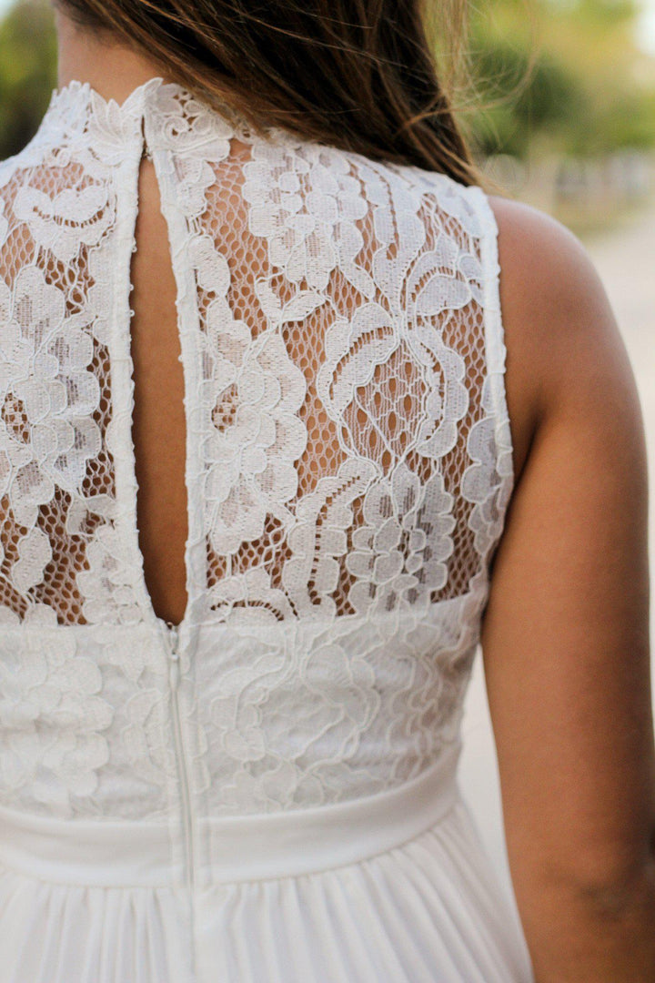 strapless open back dress White Lace Maxi Dress with Pleated Bottom