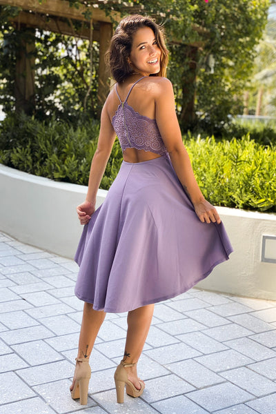 plum high low dress with lace back