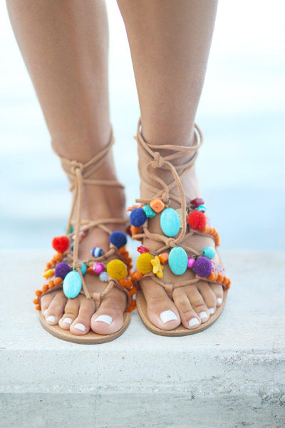 Pom Pom Leg Wrap Sandals