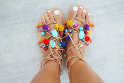 Pom Pom Leg Wrap Sandals