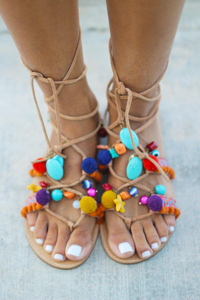 Pom Pom Leg Wrap Sandals