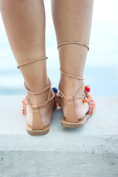 Pom Pom Leg Wrap Sandals