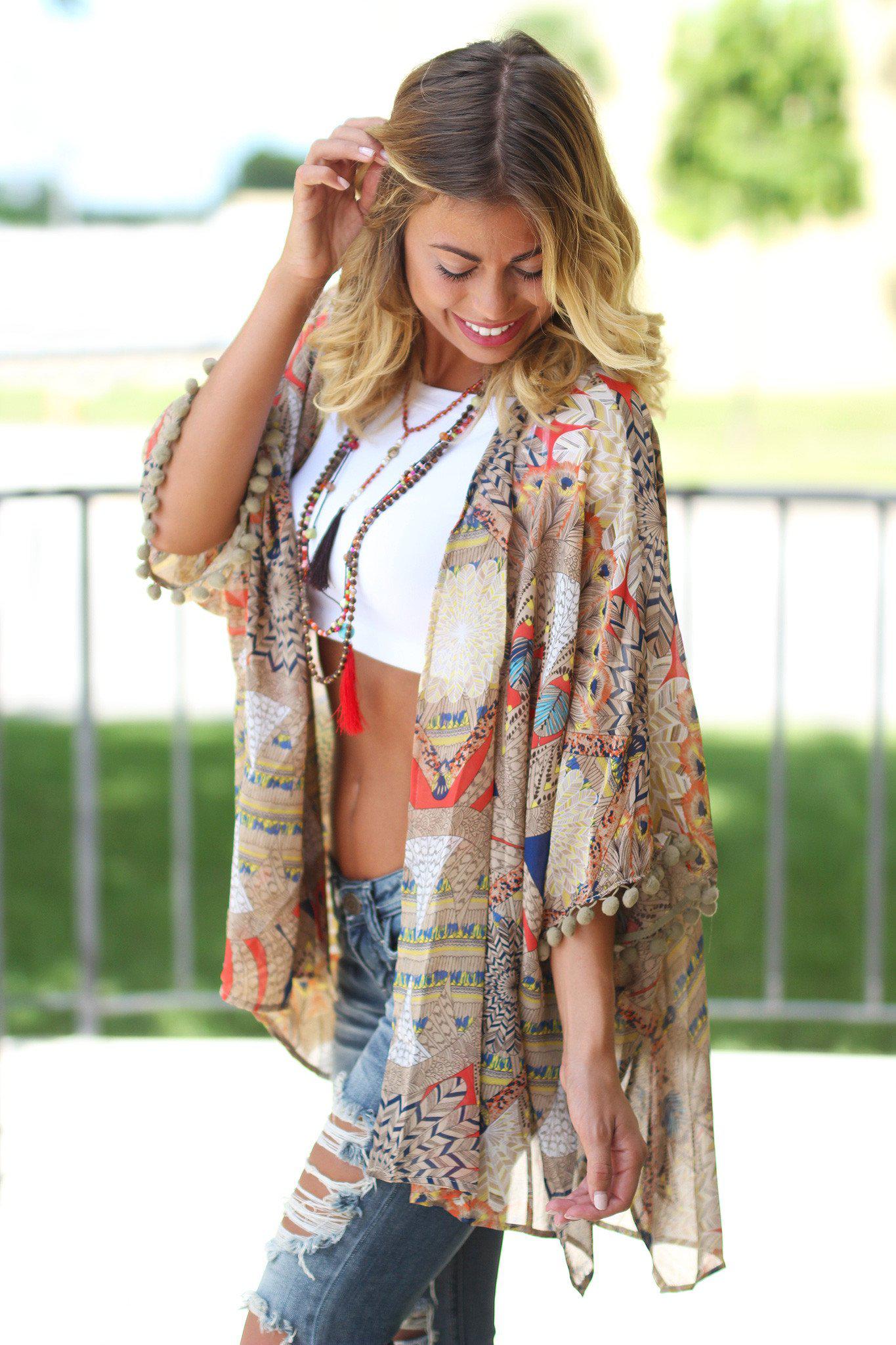 Taupe Kimono with Pompom