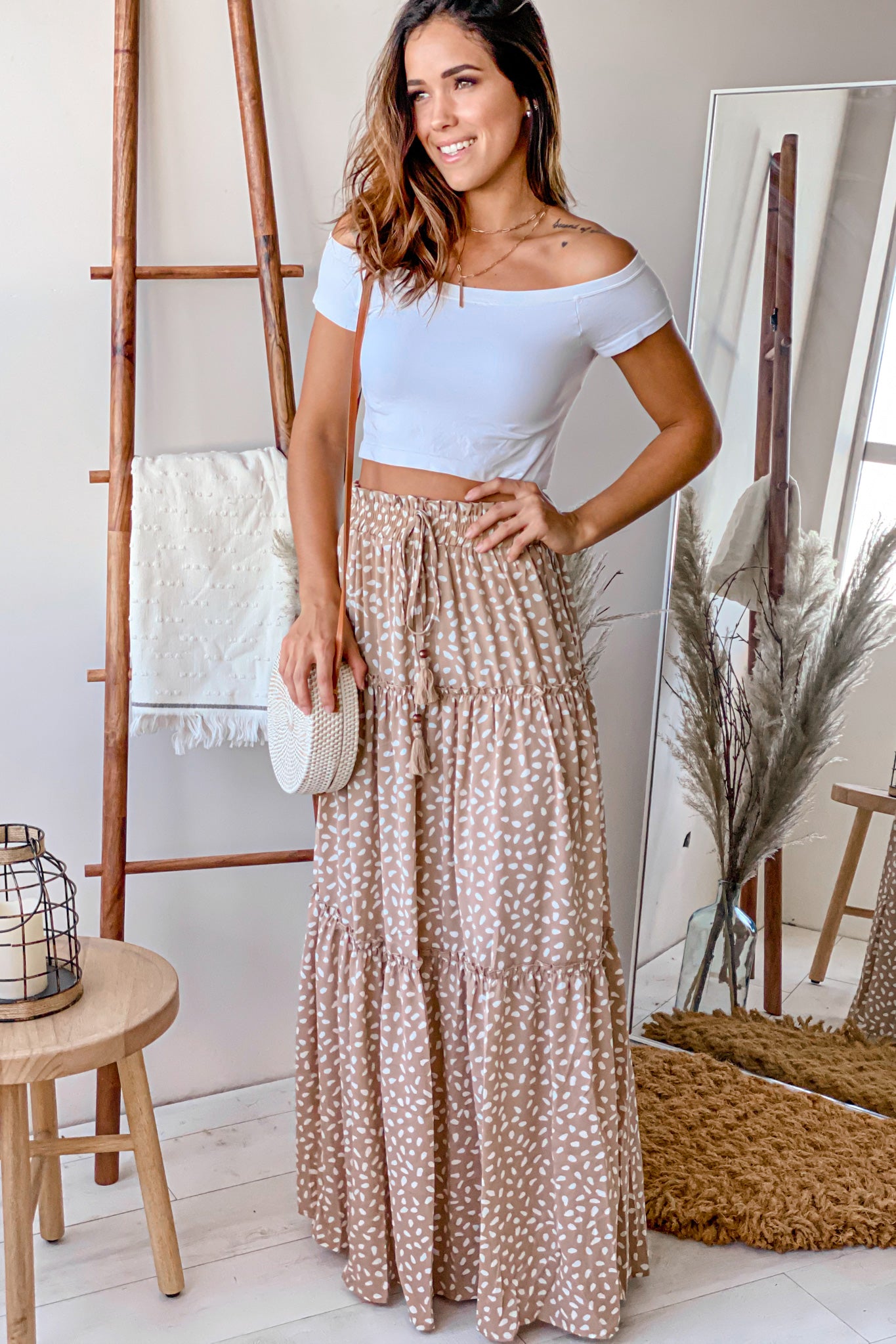 Beige And White Printed Tiered Long Skirt | Online Boutiques Saved by the Dress Beige And White Printed Tiered Long Skirt | Online Boutiques Saved by the Dress