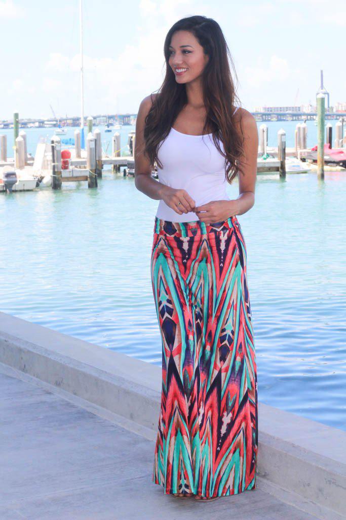 Coral and Mint Printed Maxi Skirt