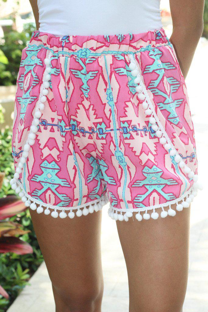 Pink Printed Shorts With Pompom Trim