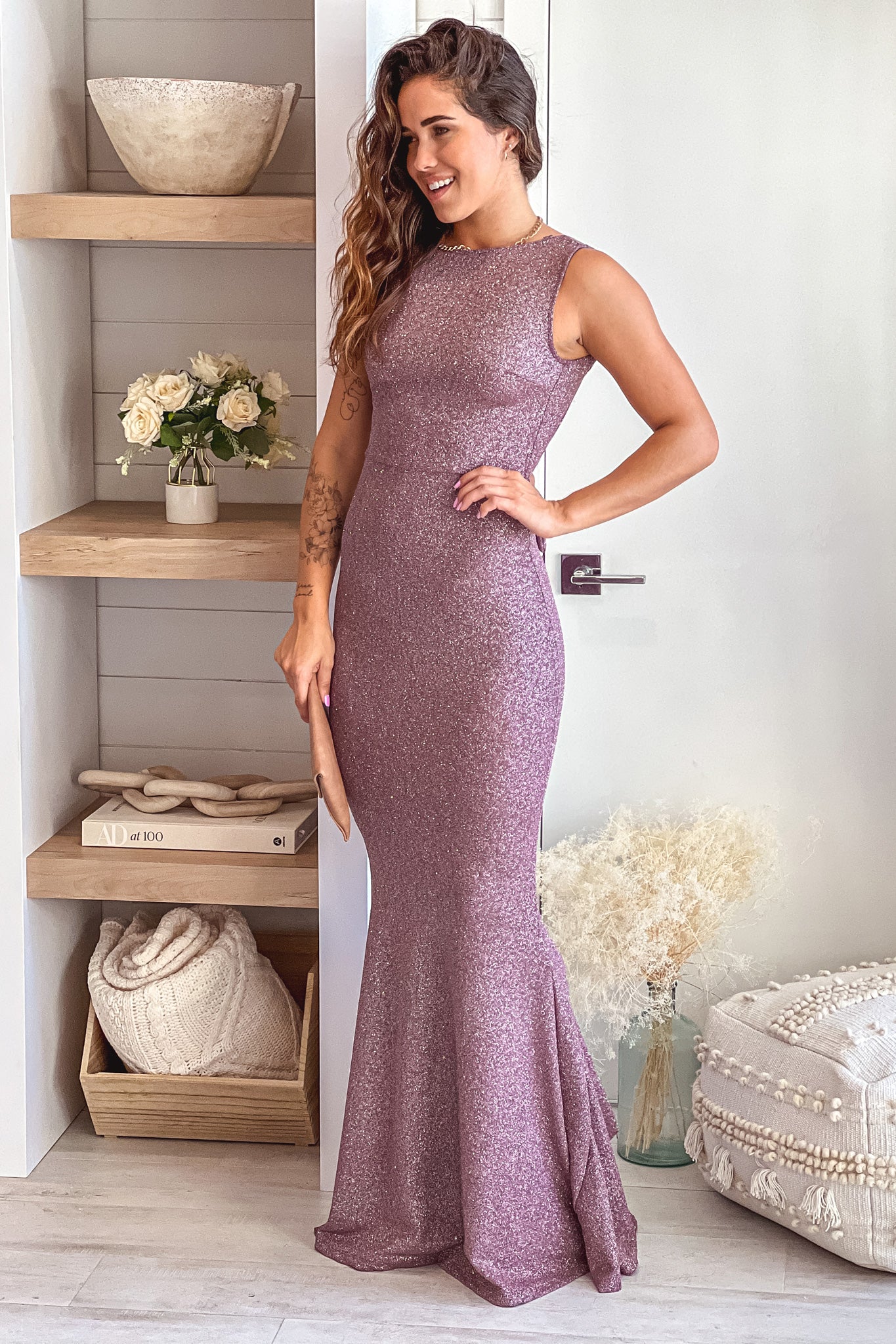 purple glitter formal maxi dress