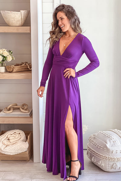 purple maxi dress with slit