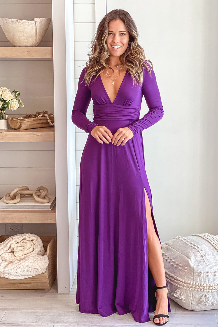 Purple V-Neck Maxi Dress With Long Sleeve And Slit